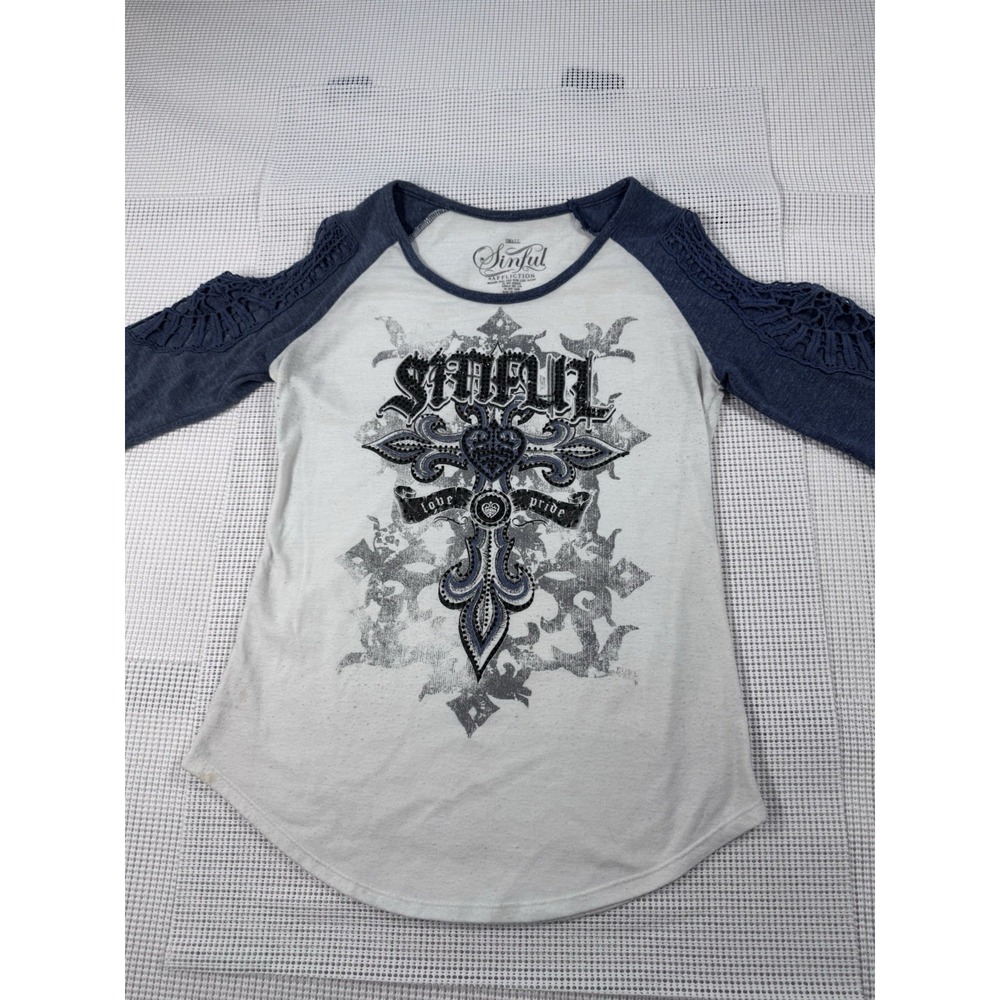 Sinful Affliction Womens Small Blue White Cross Studded Raglan Shirt Lace Y2K